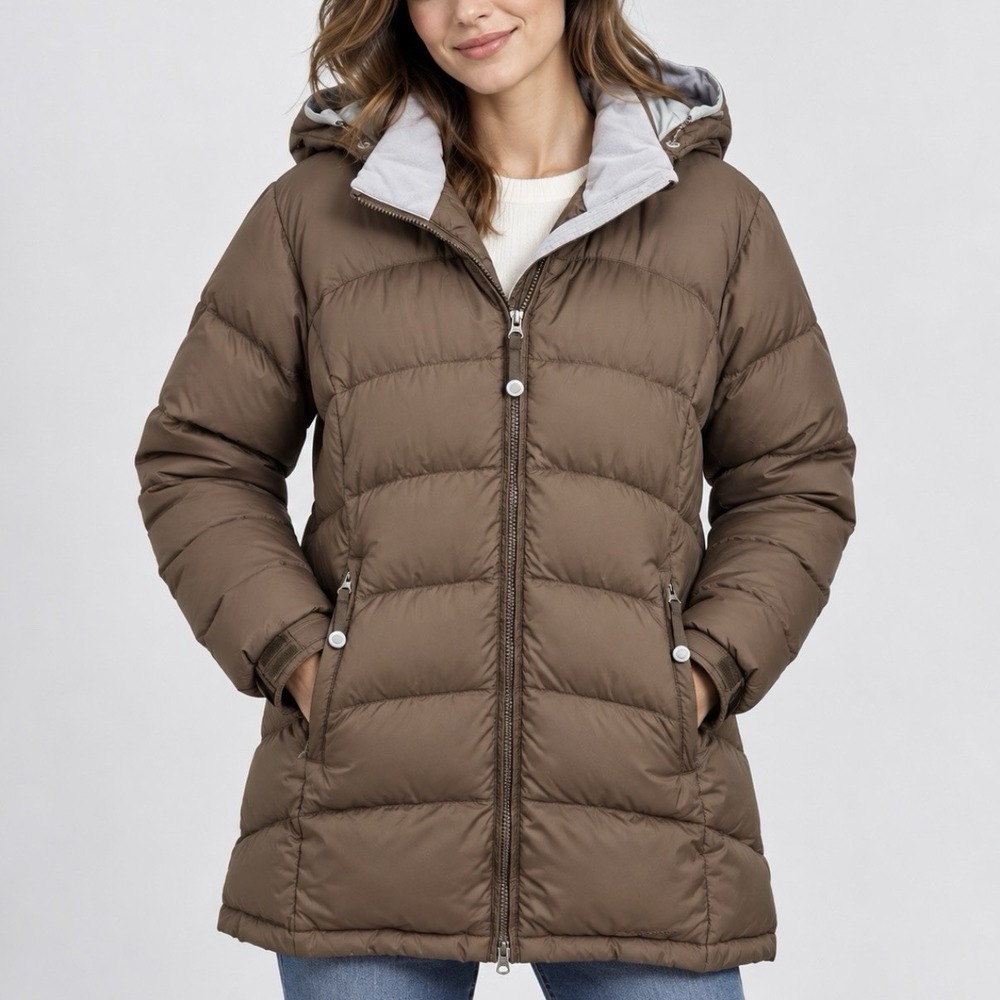 LL Bean Goose Down Puffer Zip Up Coat Hood Zip Pockets Brown Winter Warm LARGE
